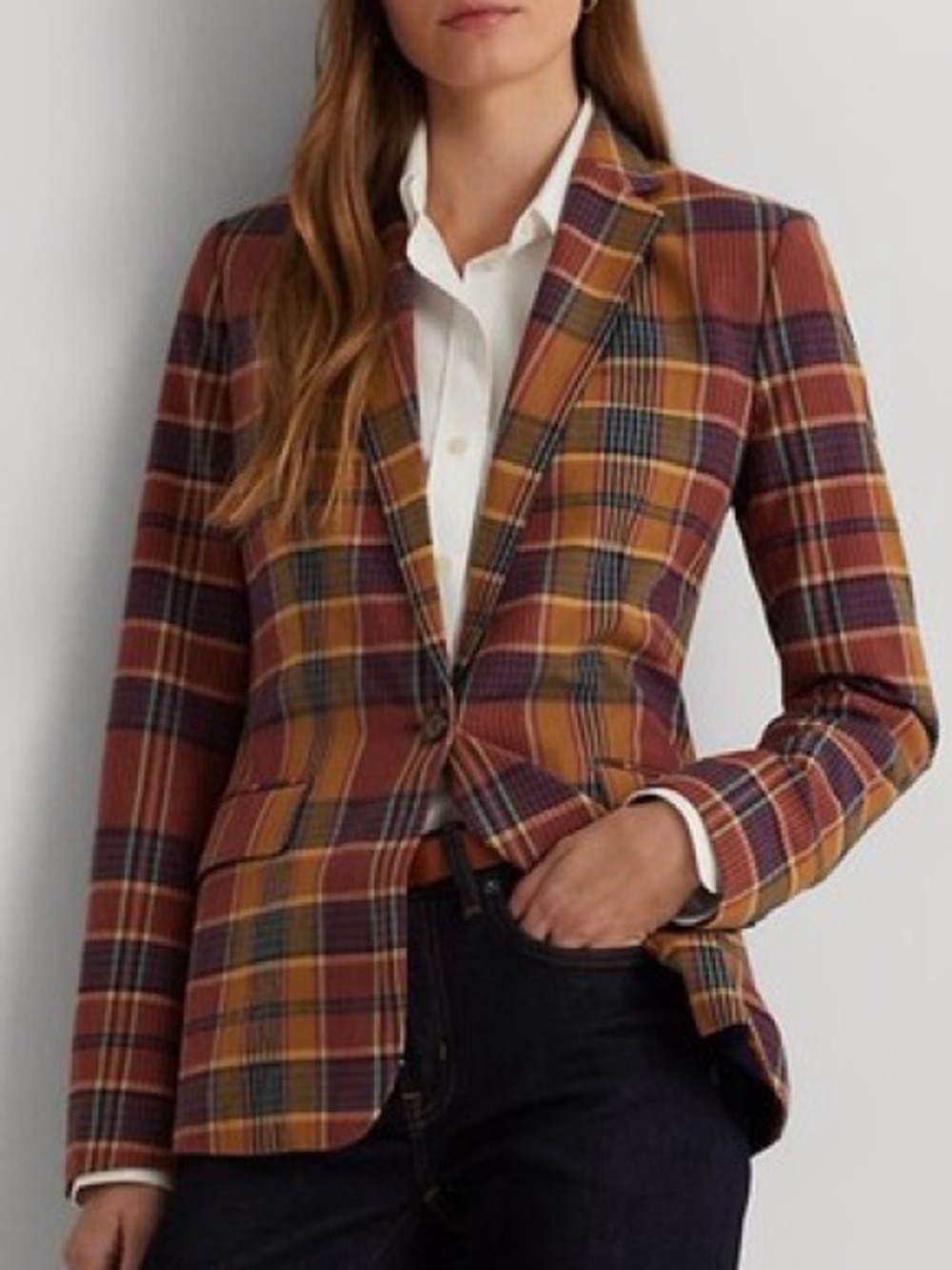 Lauren black label Women's Plaid Single-Button Blazer - Rust Multi (B1)
